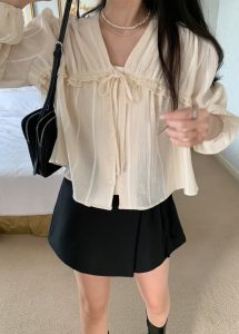 直紋抓皺綁結上衣 - Image 2