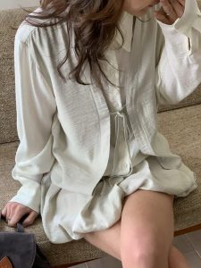 韓國設計前綁帶質感襯衫 - Image 6