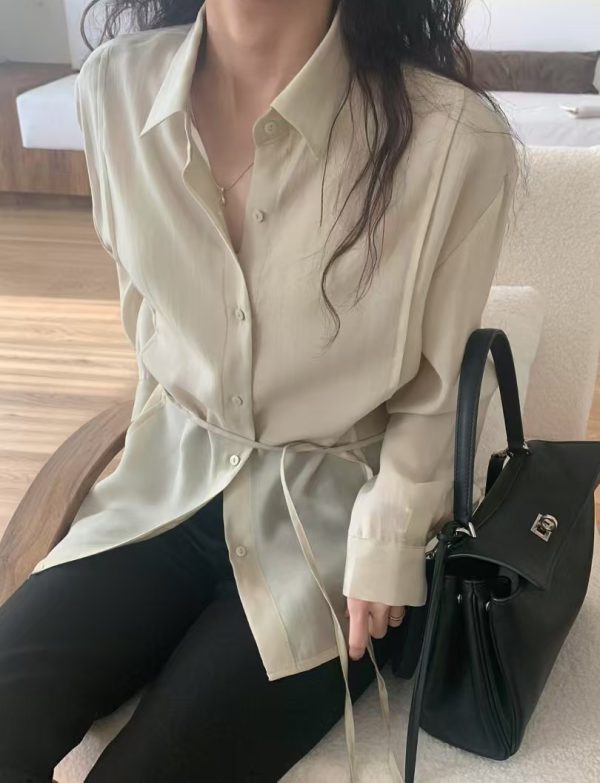 質感壓摺綁帶微透襯衫