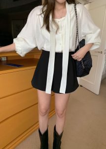 高質感袖口鬆緊領帶單排扣上衣 - Image 6