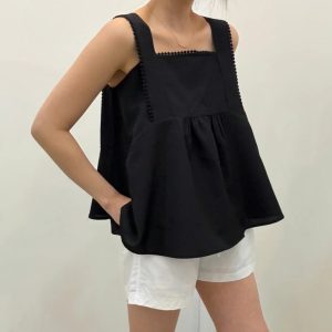 高級質感圓點刺繡滾邊調節式肩帶無袖上衣 - Image 8