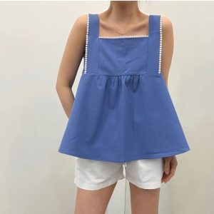 高級質感圓點刺繡滾邊調節式肩帶無袖上衣 - Image 5