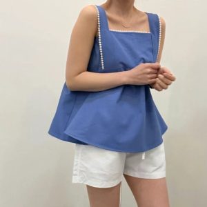 高級質感圓點刺繡滾邊調節式肩帶無袖上衣 - Image 3