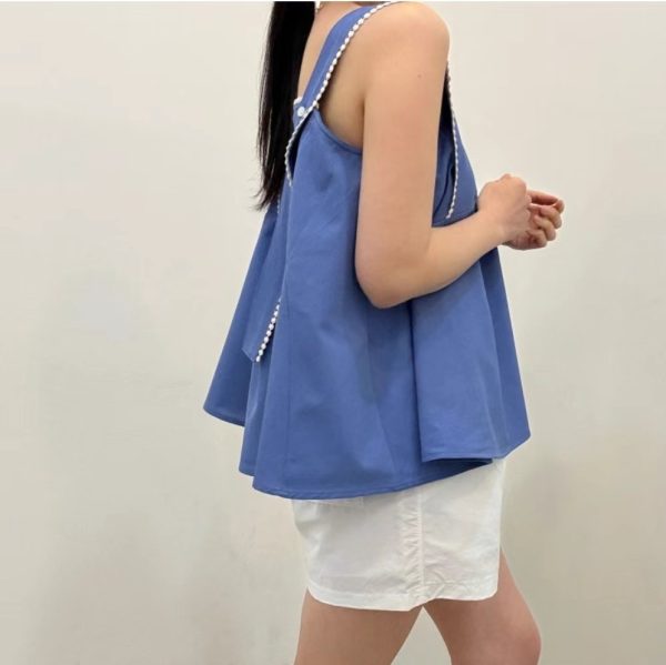 高級質感圓點刺繡滾邊調節式肩帶無袖上衣