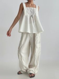 高級質感圓點刺繡滾邊調節式肩帶無袖上衣 - Image 7