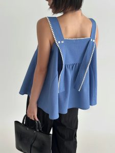 高級質感圓點刺繡滾邊調節式肩帶無袖上衣 - Image 4