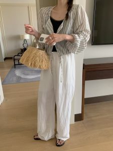 蕾絲滾邊下擺抽繩單排扣條紋上衣 - Image 6