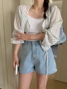 蕾絲滾邊下擺抽繩單排扣條紋上衣 - Image 4
