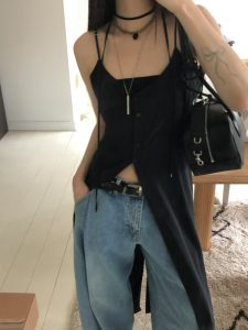 細肩長版單排扣罩衫 - Image 7