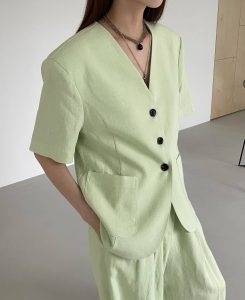 腰線剪裁三顆扣子短袖西裝外套 - Image 7