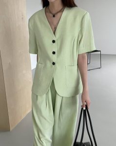 腰線剪裁三顆扣子短袖西裝外套 - Image 8