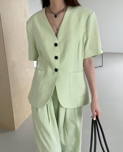 腰線剪裁三顆扣子短袖西裝外套 - Image 9